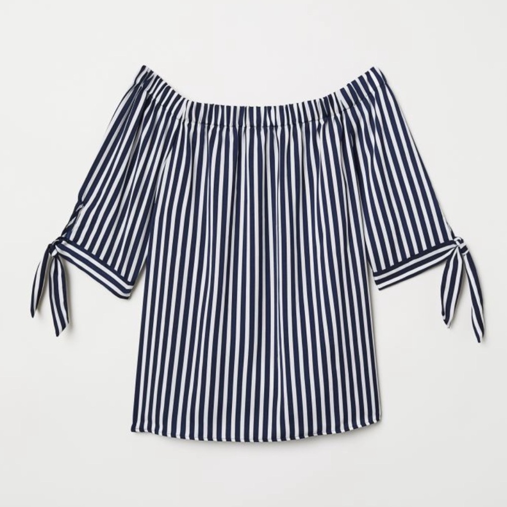H&M Blue and White Striped Off Shoulder Tie Sleeve Blouse Size 6